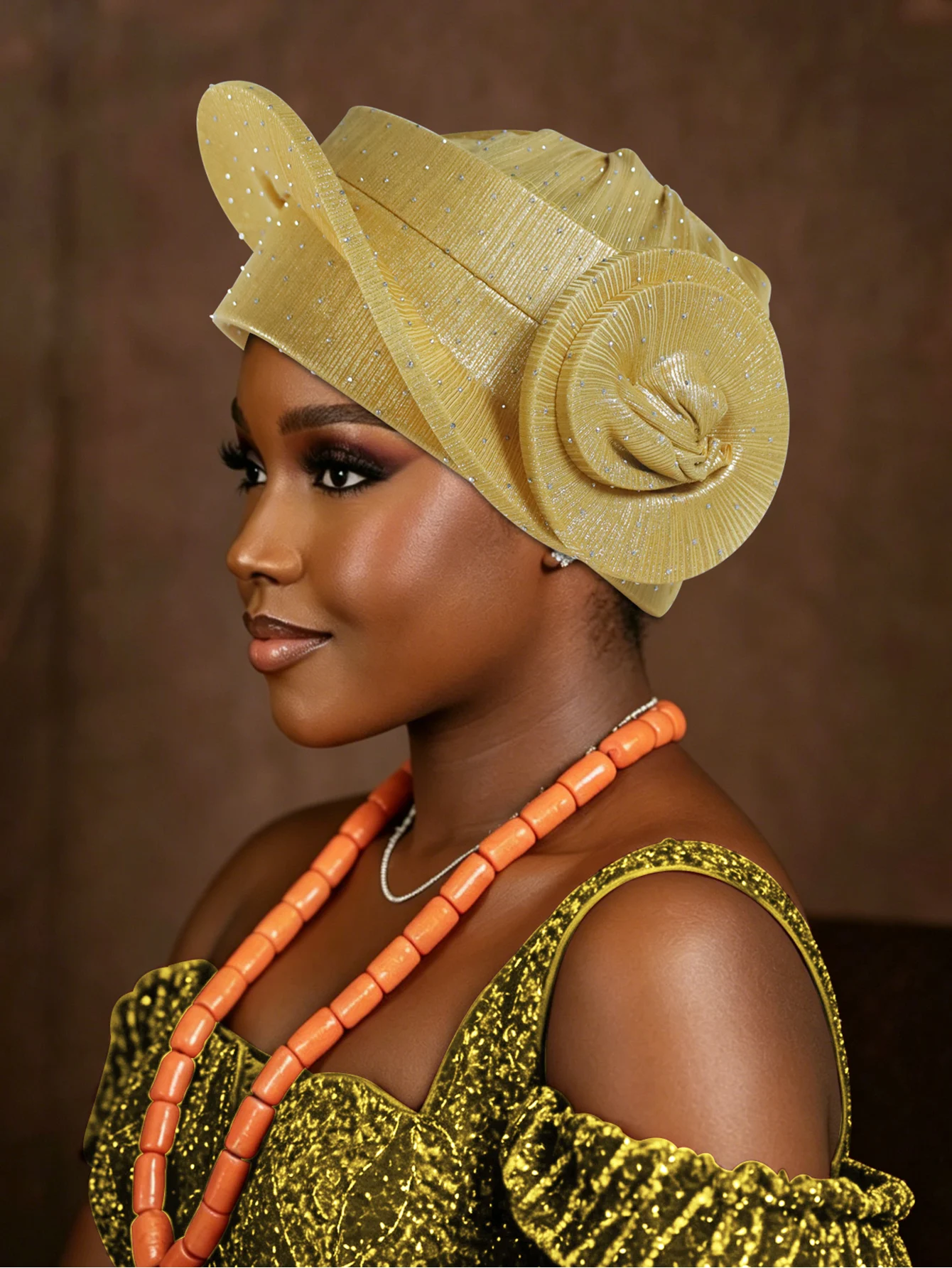 

Nigerian Rhinstone Beret Turban Cap for Women Afrcian Headtie Auto Gele Head Wraps Wedding Party Geles Hat Already Made