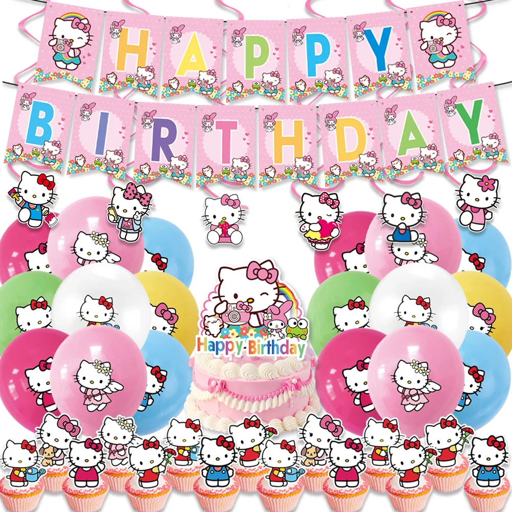 Cartoon Hello Kitty Theme Children\'s Party Supplies Set Girl\'s Birthday Flag Background Decoration Baby Shower Latex Balloon