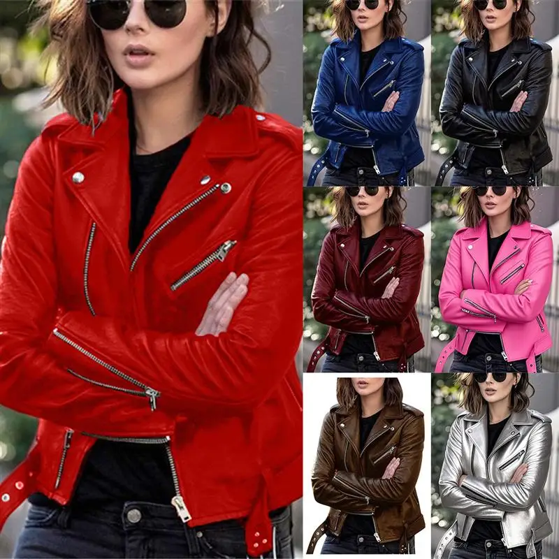 Jaqueta Feminina de Couro PU Estilo Biker Slim Fit para Primavera, Outono e Inverno, Casaco Punk Fashion com Forro Longo