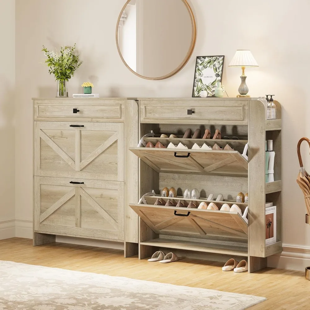 منظم خزانة الأحذية قائم بذاته مع أدراج قابلة للطي وتصميم باب الحظيرة، وخزانة تخزين للأحذية مع أدراج ورفوف #3