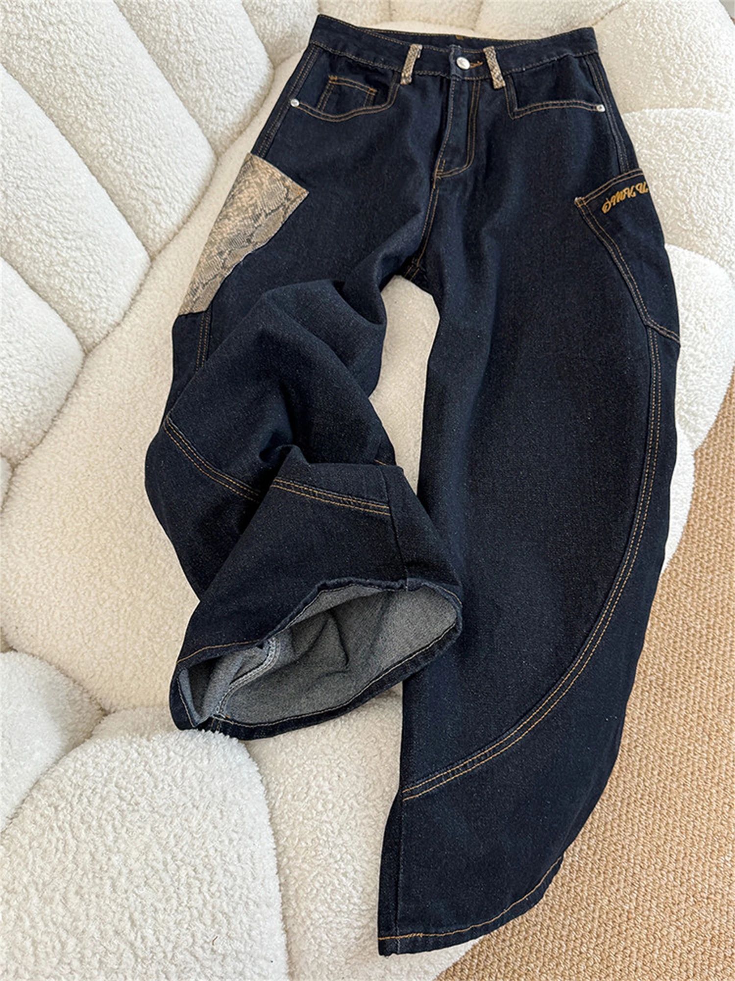 Women's Dark Denim Oversized Wide Leg Jeans Snake Print Patch Embroidered Pocket Baggy Vintage Streetwear Ladies Pants