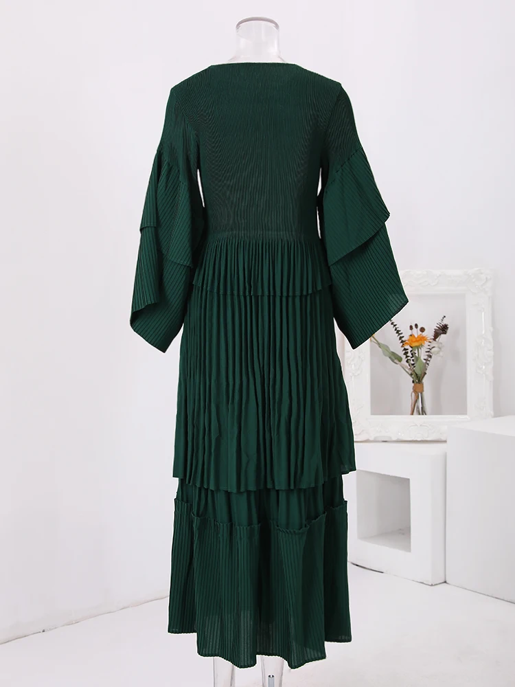 LANMREM-Robe longue plissée à manches évasées pour femme, tenue de soirée élégante, couleur unie, nouvelle collection printemps 2024, 32C737