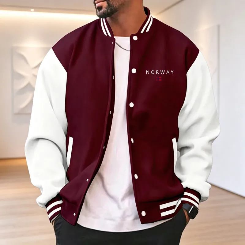 Men Wine Red White Color Block Varsity Jacket Striped Rib Collar Button Down NORWAY Letter Flag Print Loose Fit Baseball