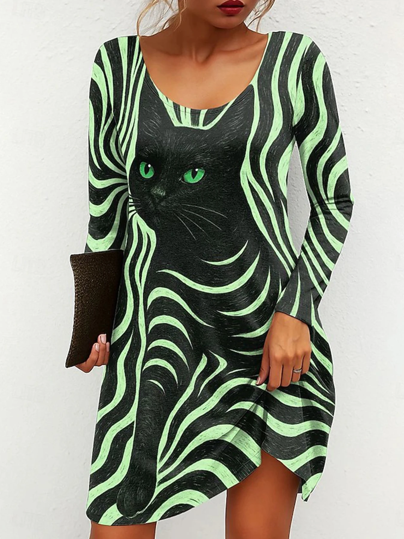 Mini abito da donna con grafica divertente gatto, manica lunga, girocollo, maglietta, abito casual, linea ad A, lunghezza al ginocchio, abito a pieghe per la moda