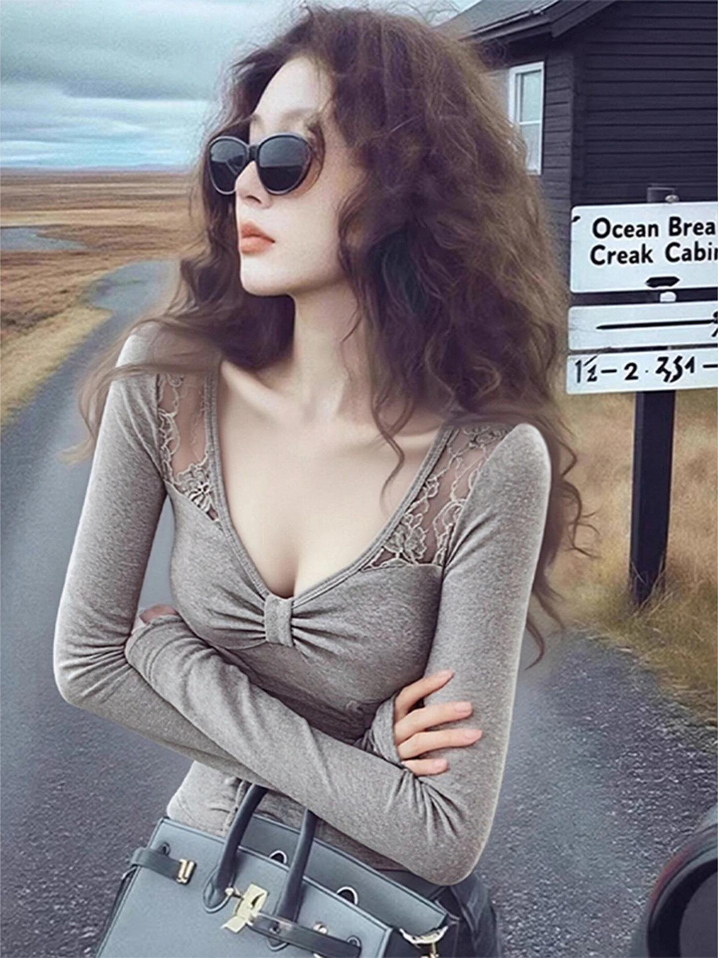 

Autumn and winter slim fit gray sexy lace patchwork V-neck long sleeved t-shirt for women