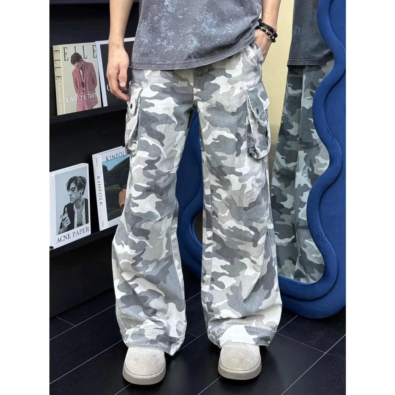 

Summer Large Size American Retro Denim Pants Camouflage Multi-ket Workwear Loose Wide Leg Men's Straight Leg Jeans