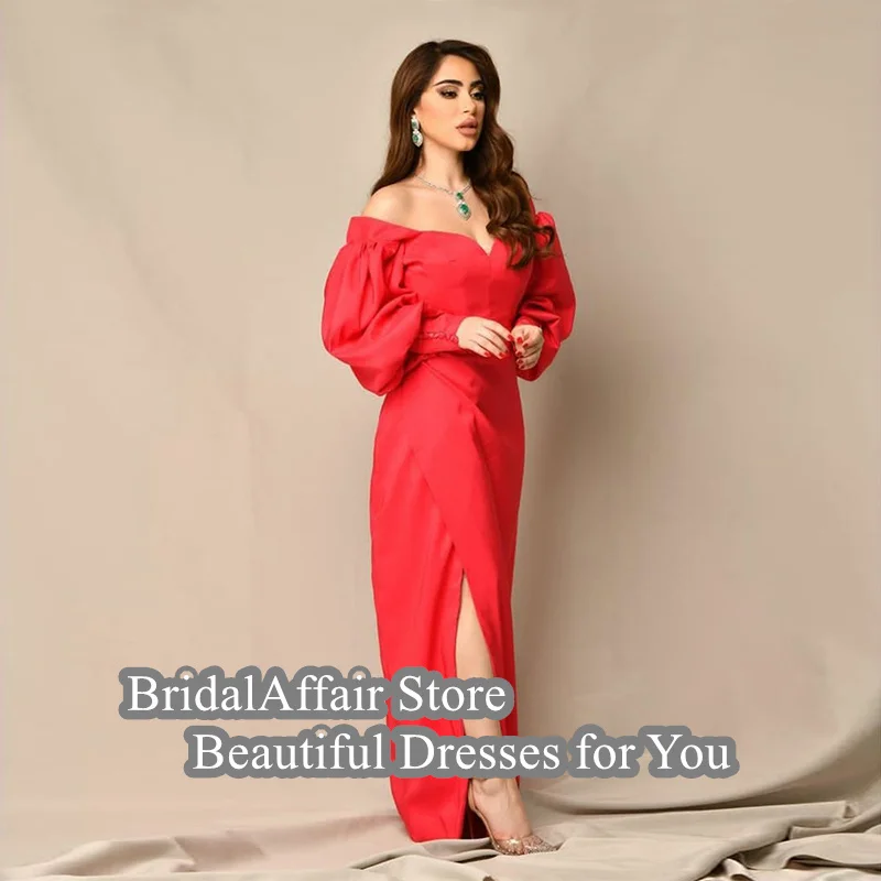 BridalAffair Elegant Long Red Taffeta Evening Dress With Slit Mermaid Pleated Sweetheart Floor Length Robe De Mariée Party Gown