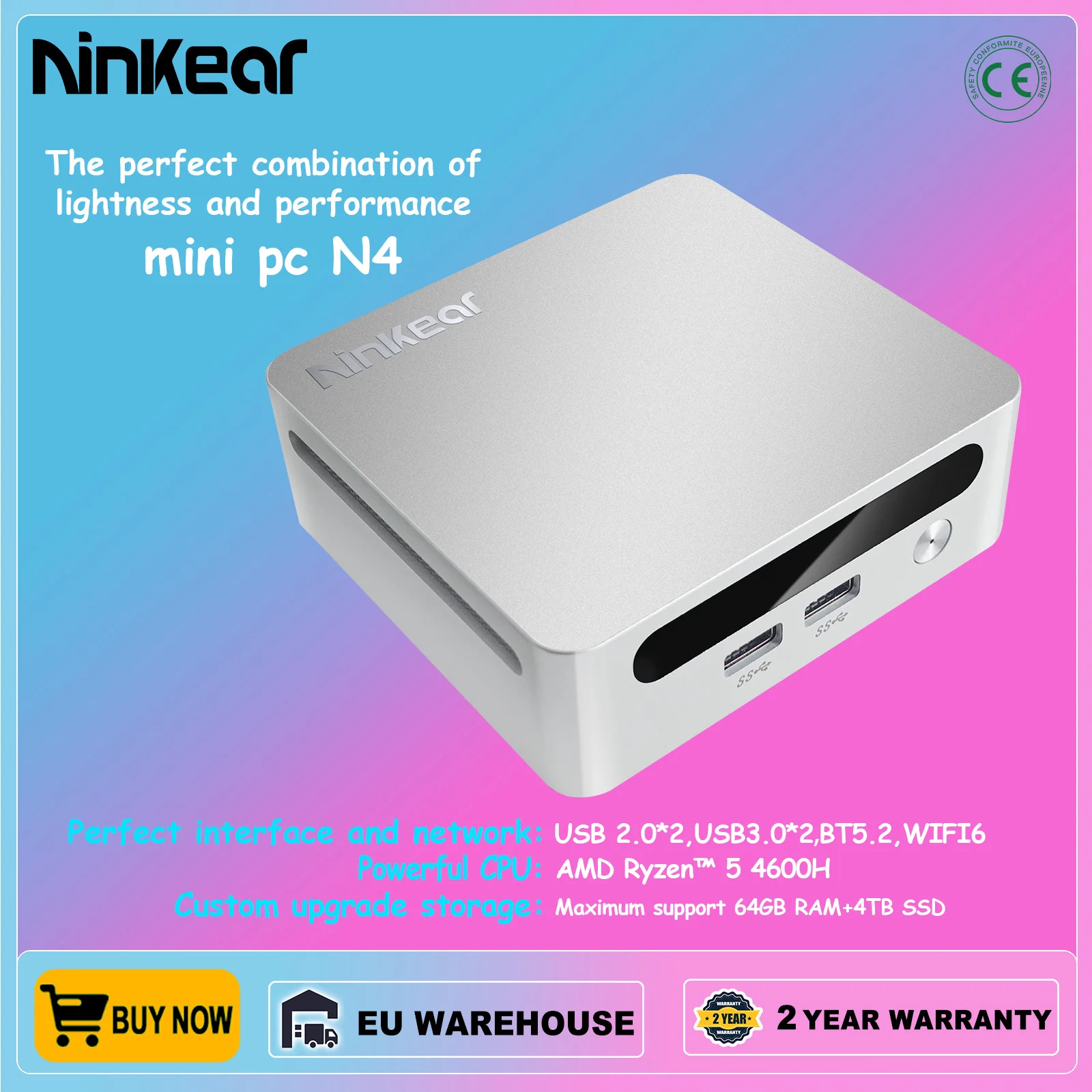 Ninkear MINI PC N4 AMD Ryzen™ 5 4600H UP to 4.20GHz 16GB DDR4+512GB SSD WIFI 6 BT5.2 Support 8K Three Screen Windows 11