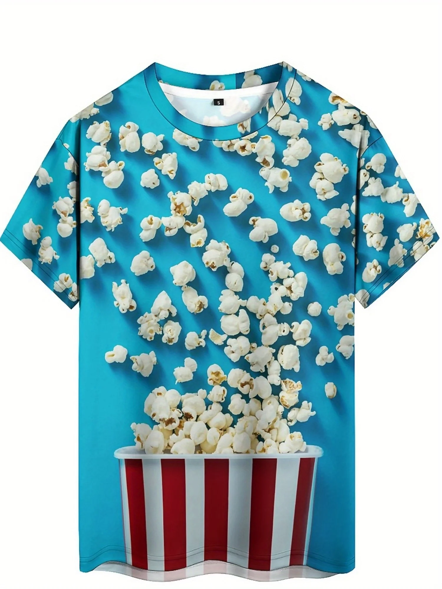 Men's 3D Popcorn Print T-Shirt, Light Blue with Realistic Food Design, High-Quality Polyester Fabric