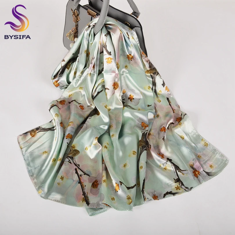 [BYSIFA] Beige Green Satin Silk Scarf Shawl Printed Women Long Scarves Wraps Chinese Style Fall Winter Plum Blossom Scarf Cape