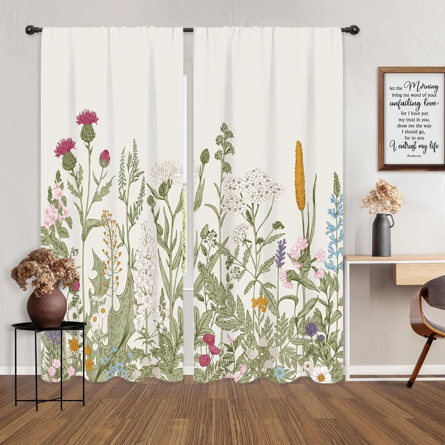 ستائر الزهور البرية الأزهار الخضراء يترك النباتية المطبوعة قضيب جيب الفني نبات زهرة برية اللبلاب الأعشاب غرفة المعيشة ريفي