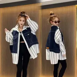 2024 New Korean Version Oversized Denim Jacket Women's Fashion Patchwork Striped Denim Jacket Loose Casual Jacket Women's Trend