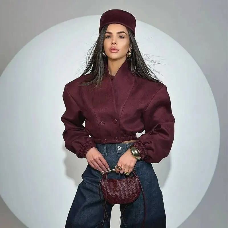 

European American Women's Clothing Jacket Spring New Fashion Wine Red Slimming V-neck Double-breasted Long-sleeved Short Coat