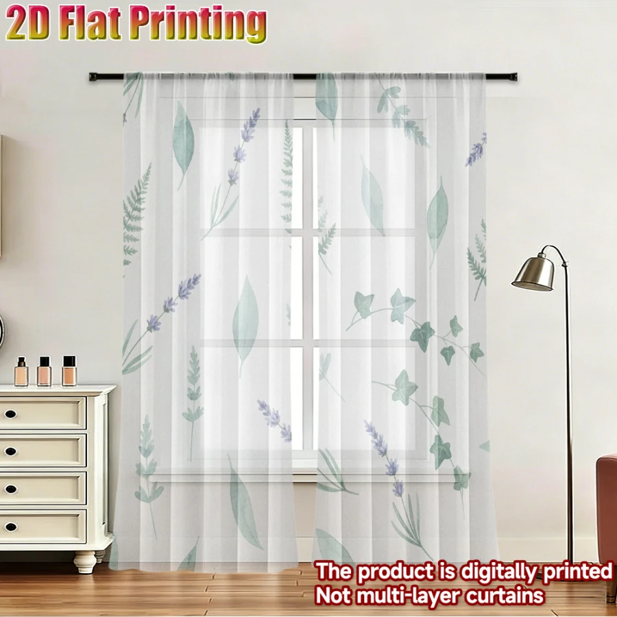 2PCS Digital Printed Sheer Curtain, Lavender Green Ivy Vines, Botanical French Provence for Living Room Bedroom Home Decor