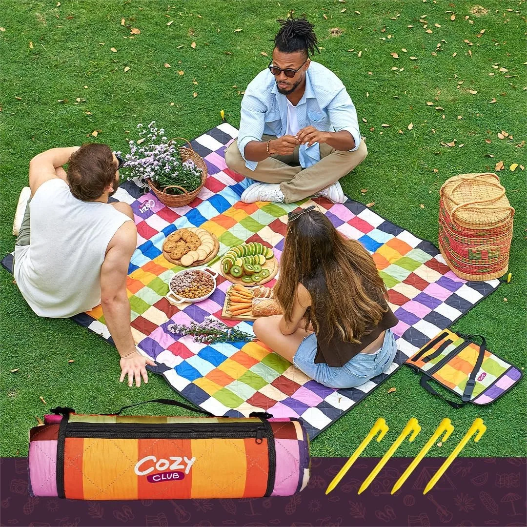 

Waterproof Picnic Blanket 60x70 with Stakes, Pocket & Shoulder Strap, Sandproof Beach Mat for Camping, Travel