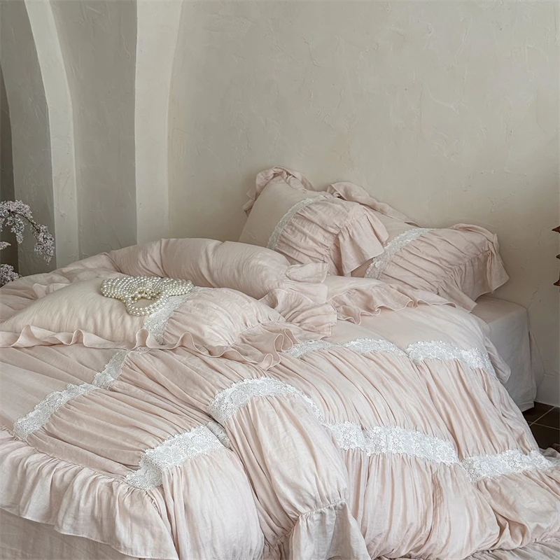 

Vintage Pleated Lace Ruffles Princess Bedding Set Double Layer Yarn 100% Cotton Duvet Cover Flat/Fitted Bed Sheet Pillowcases