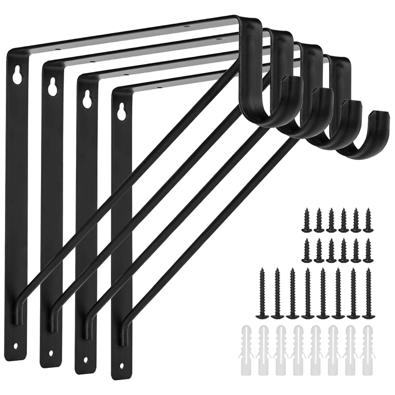 

4PCS Heavy Duty Black Closet Rod Brackets For Home And Closet Decor, Wall Mount Closet Pole Supports Bracket Hook