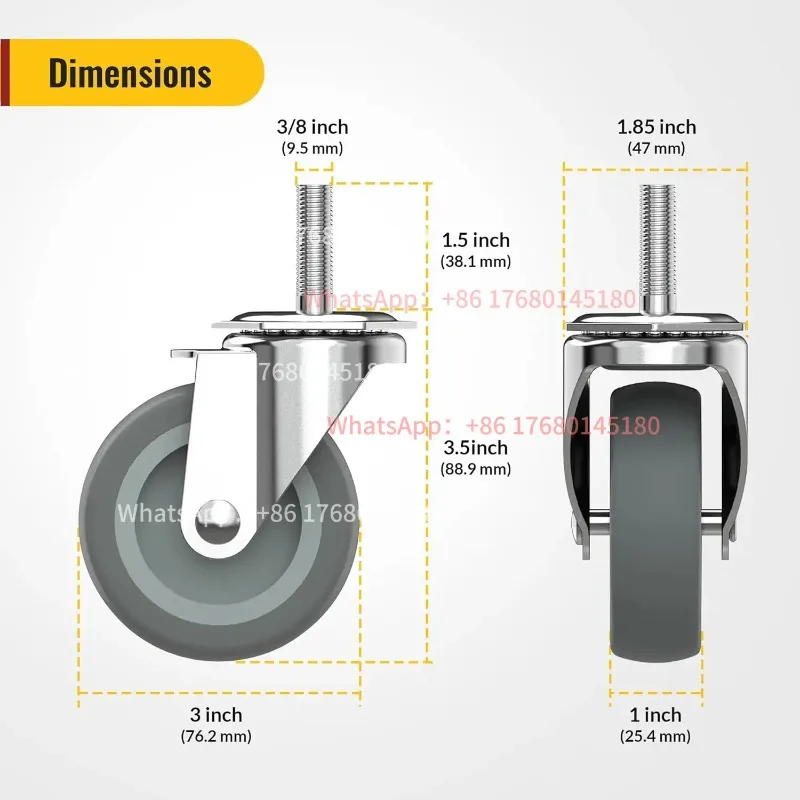 3 inch with No Brake Stem Casters,Threaded Swivel Casters Set of 4 Heavy Duty Castors Grey