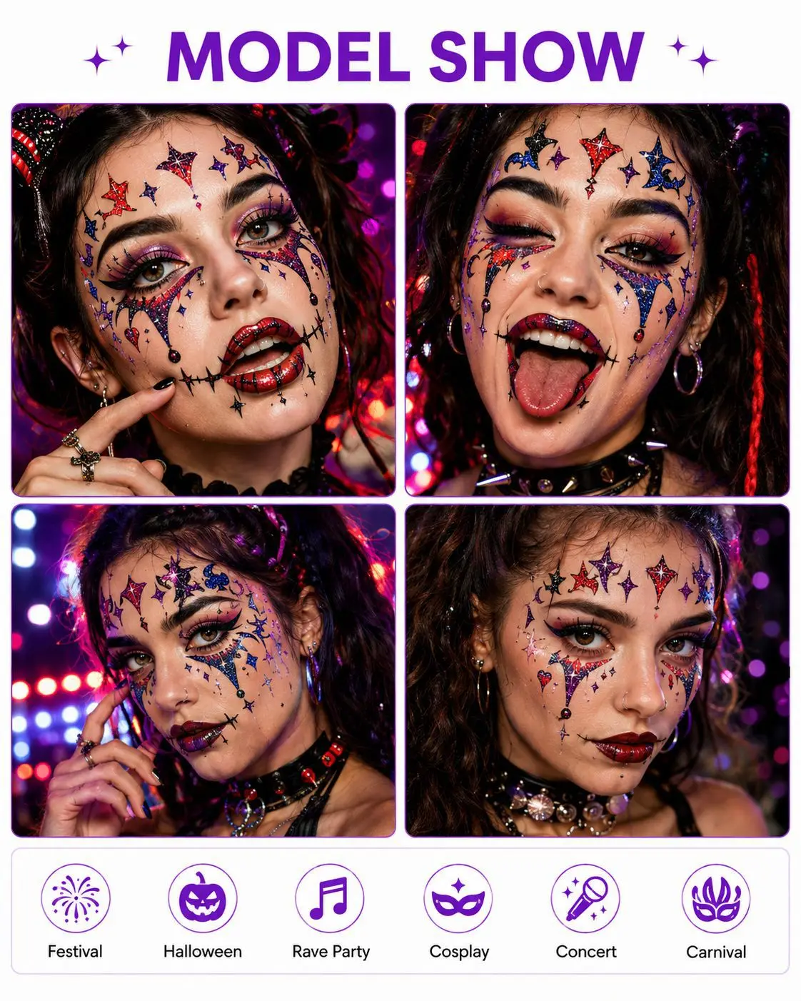 6-teiliges Set Halloween Wasserfeste Glitzer-Clown-Gesichtsaufkleber – Poker-Themen-Party-Make-up & Neuartige Gesichtsdekorationen – Detail 4