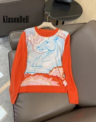 9.25 KlasonBell Temperament Silk Cartoon Print Pattern Wool Spliced Knitted Pullover Top Women