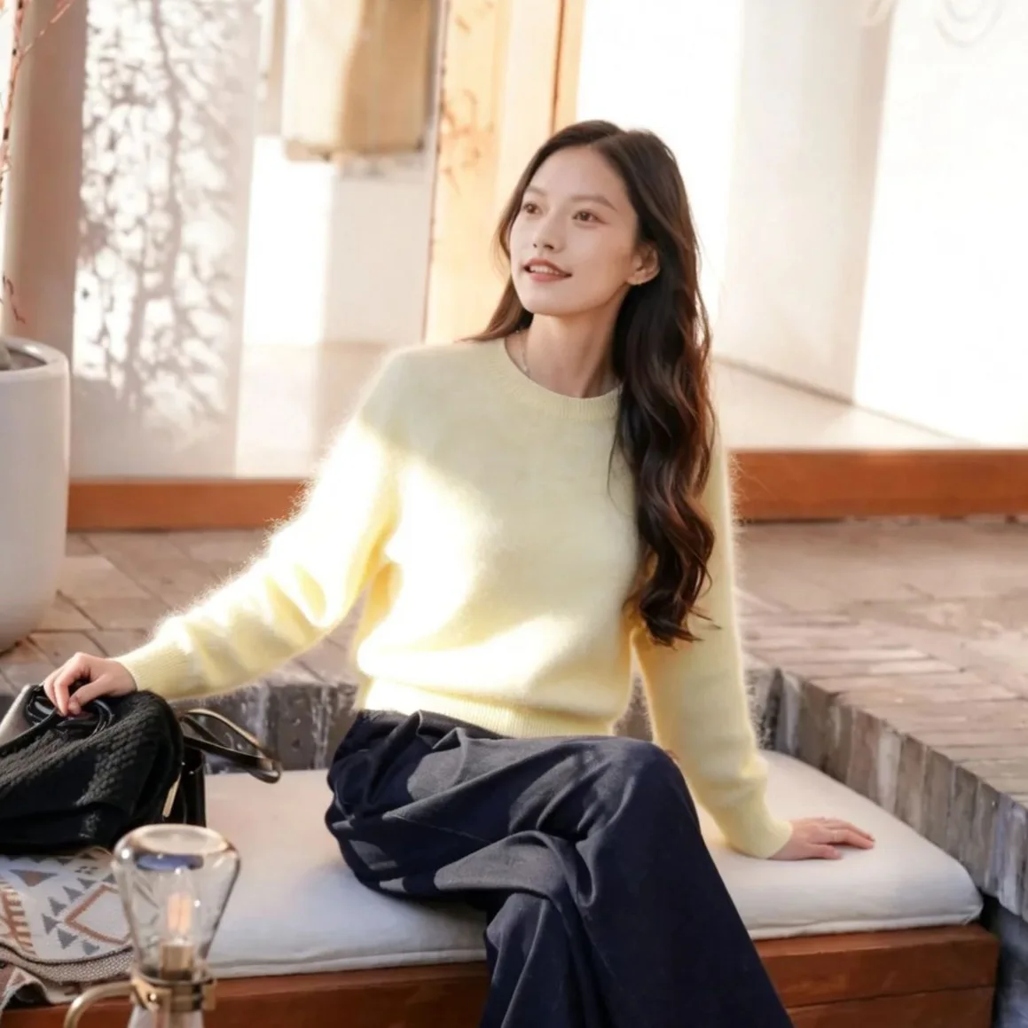 5% mulberry silk  5% cashmere  90% sheep wool  woolen sweater  loose and versatile  women's new style