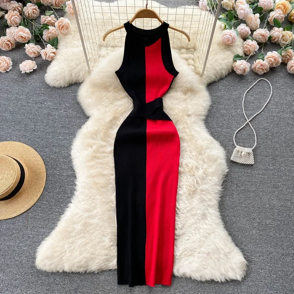 2024 Summer Women Dress Elegant Rib Knit Slim Waist Bandage Pencil Dress Office Lady Sleeveless Bodycon Sweater Dress