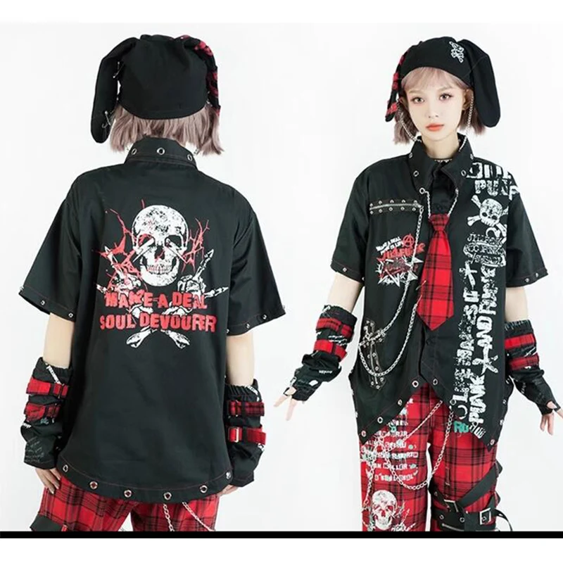 2023 Womens Summer Kill Matt Rock Punk Mens Clothes Japanese Graffiti Skull Clothing Splicing Shirt with Sleeves necktie Rivets