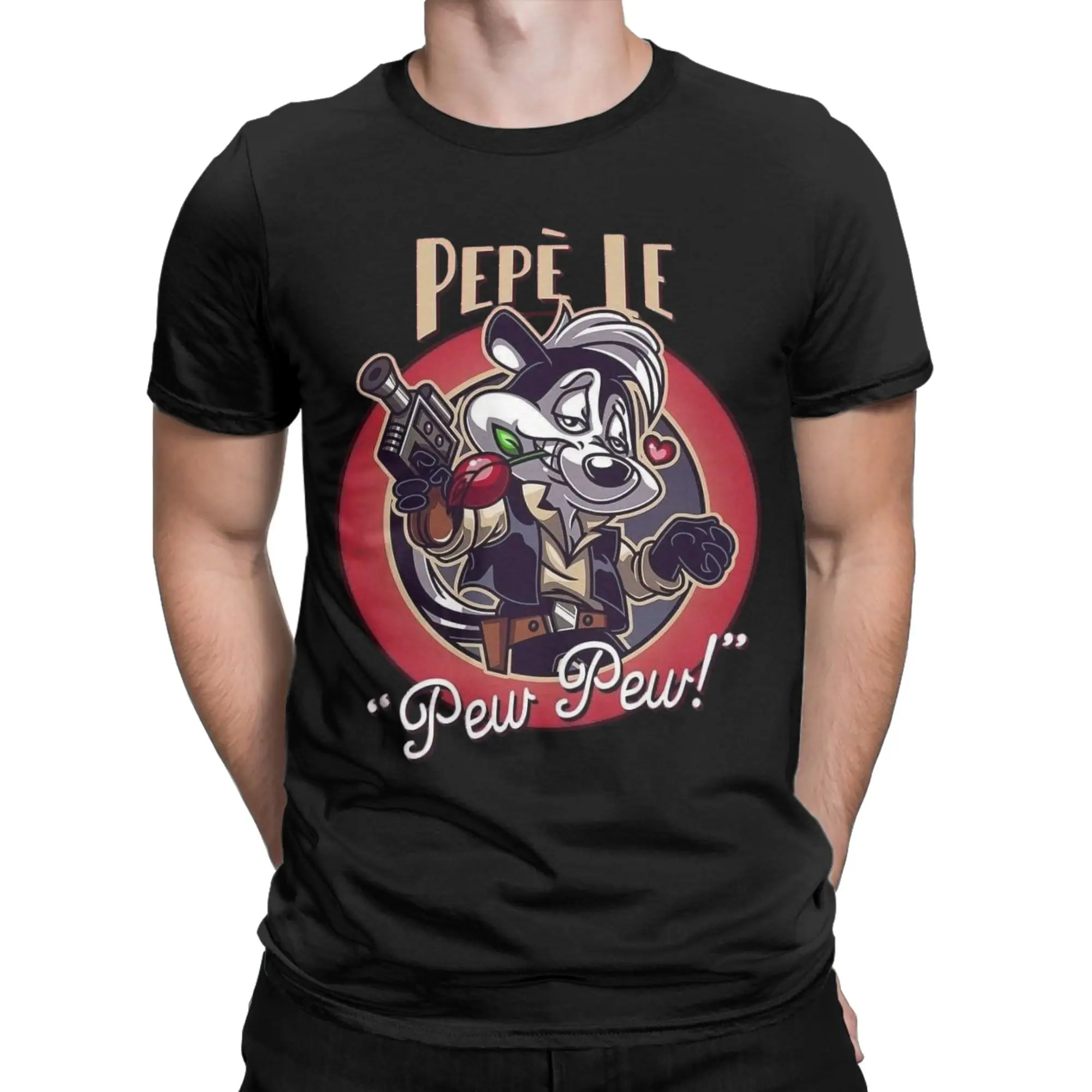 Fun Pepes Le Pew Penelope Skunk Love Rose T-Shirts for Men Round Neck Cotton T Shirt  Short Sleeve Tees Graphic Tops
