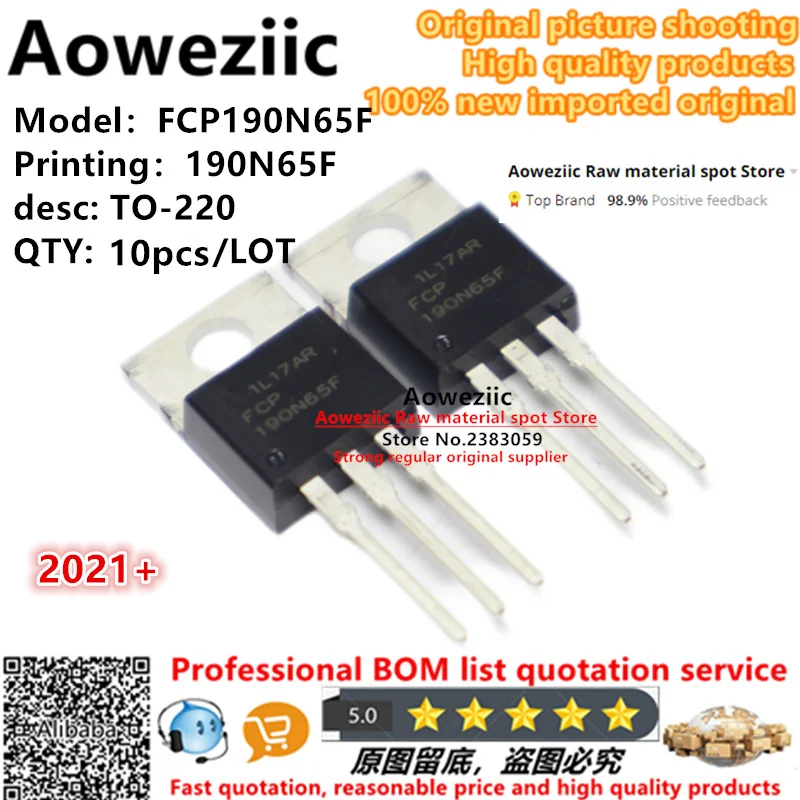 Aoweziic 2021+ 100% New Imported Original  FCP190N65F  190N65F  TO-220   MOS FET 650V 20.6A