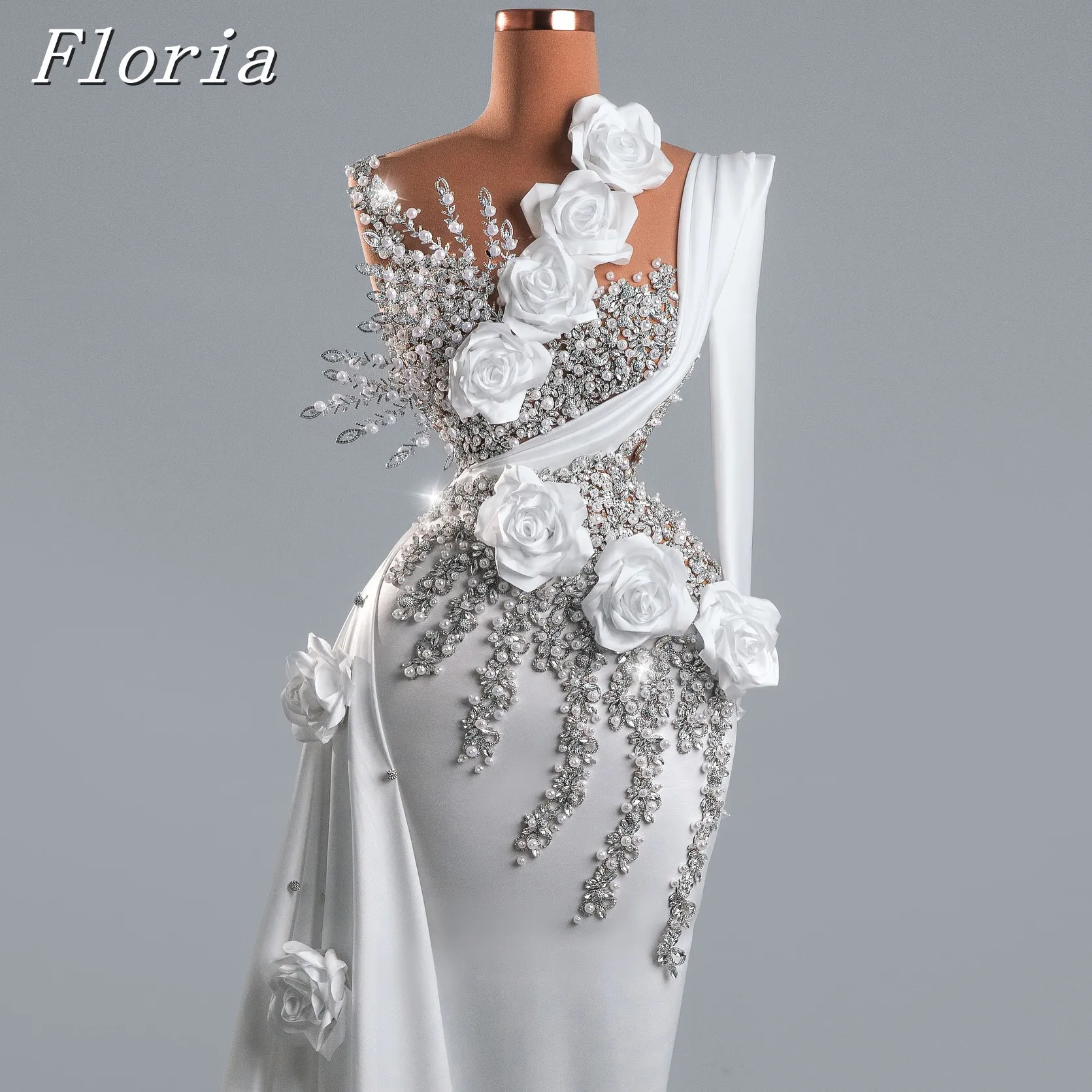 

Elegant Maxi Rhinestone Beads Celebrity Red Carpet Dress Floor Length Mermaid Gown with 3D Satin Rose Flower for 2025