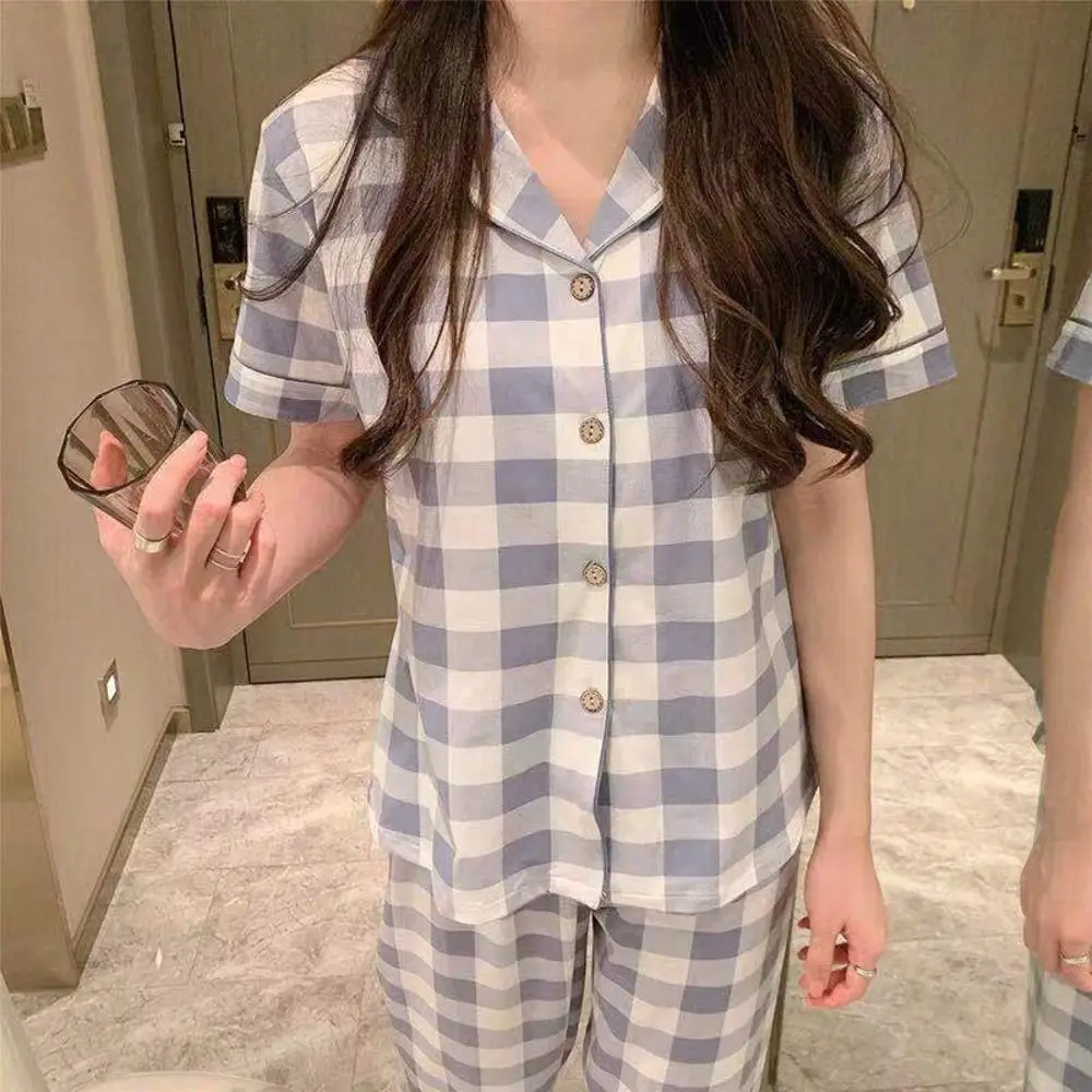

Korean Style Short Sleeve Grid Pajama Suit V Neck Women Sleepwear Tops Pants Nightwear Slim Fit Two Pieces Pajama Sets Gifts