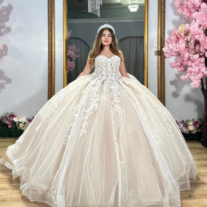 Vestidos de Quinceañera de princesa champán claro, Vestido de baile sin hombros, apliques de encaje, Tull, corsé mexicano, dulce Vestido 16