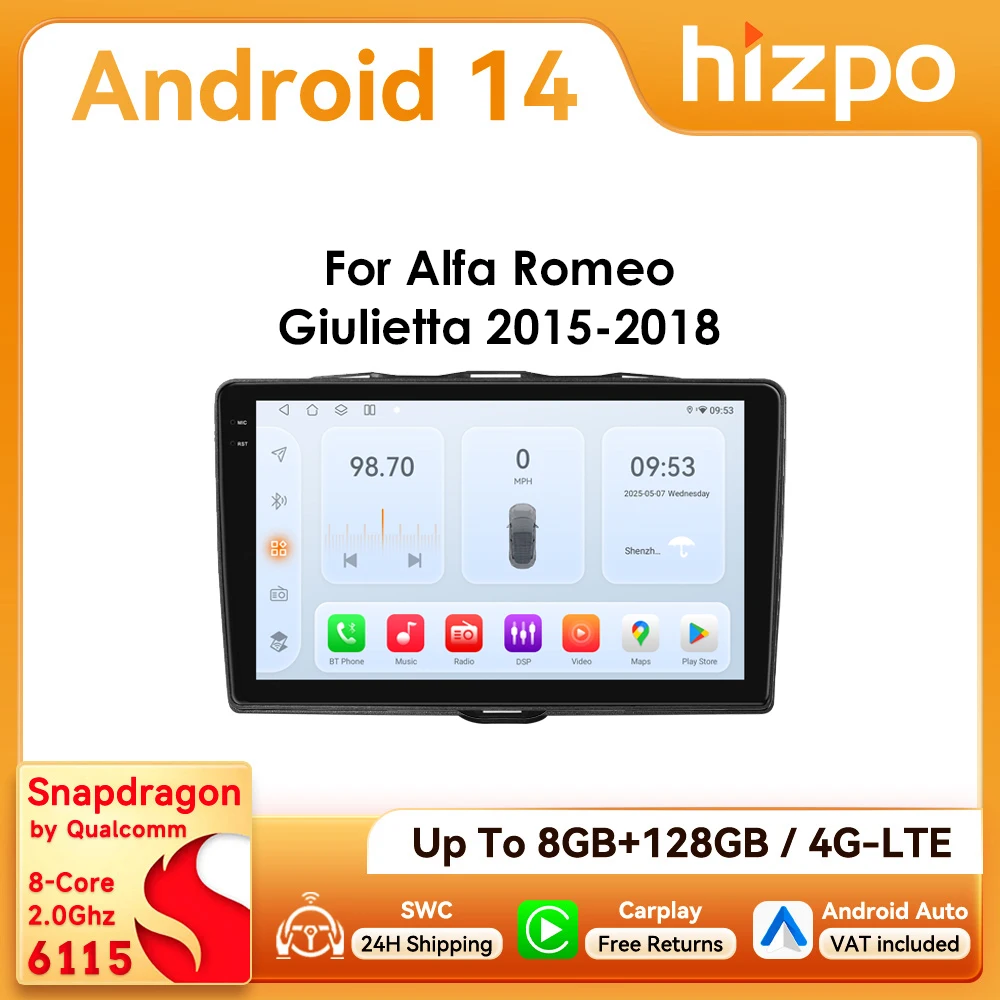 9 " Hizpo 2Din CarPlay Android Auto autoradio pour Alfa Romeo Giulietta 2015 -2018 Snapdragon 6115 RDS DSP 4G BT GPS Navi 360 ° CAM