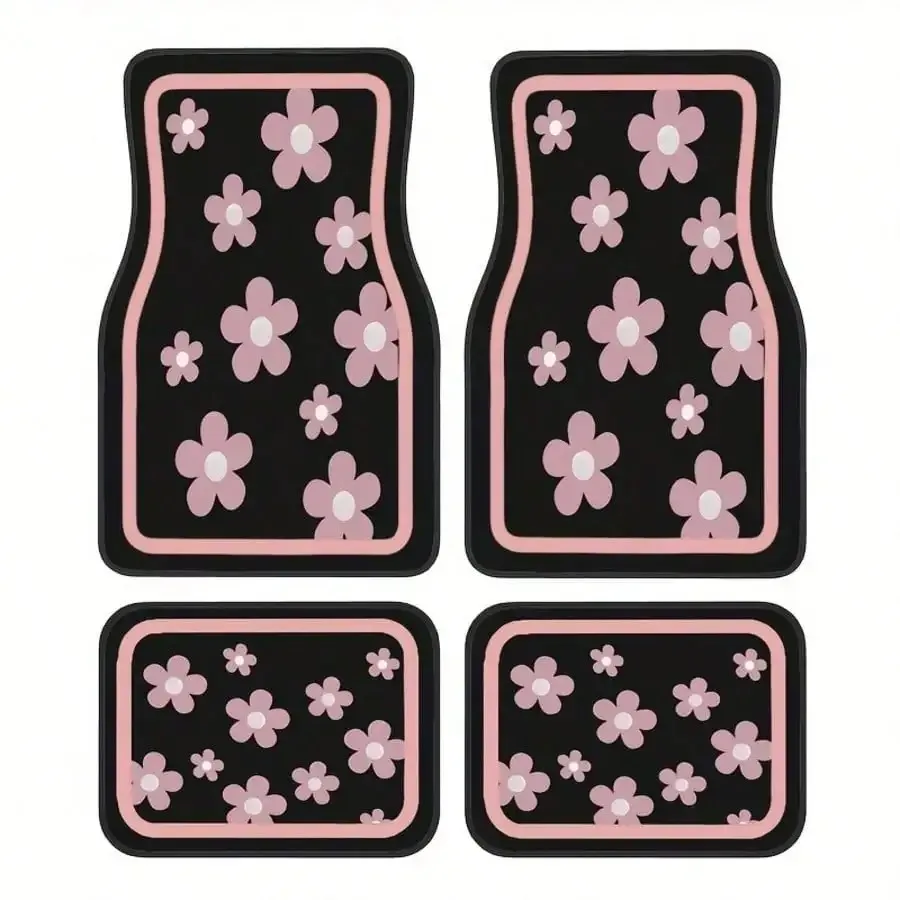 

4pcs Car Floor Mats, Cute Pink Floral Design, Durable Polyester Material, Front And Rear Mats, For Full Car Interior Protection