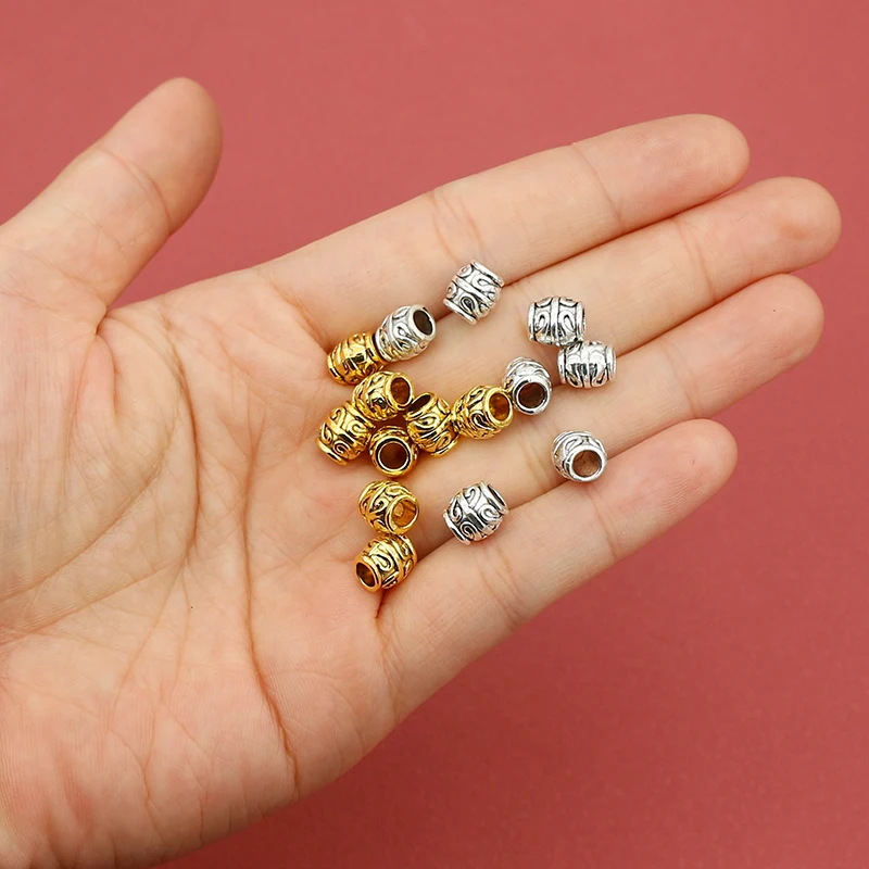 20pcs/lot Retro Tibetan Silver Pattern Bucket Beads 7.5x7mm Big Hole Spacer Beads For Bracelets Hair/Beards DIY Jewelry Findings