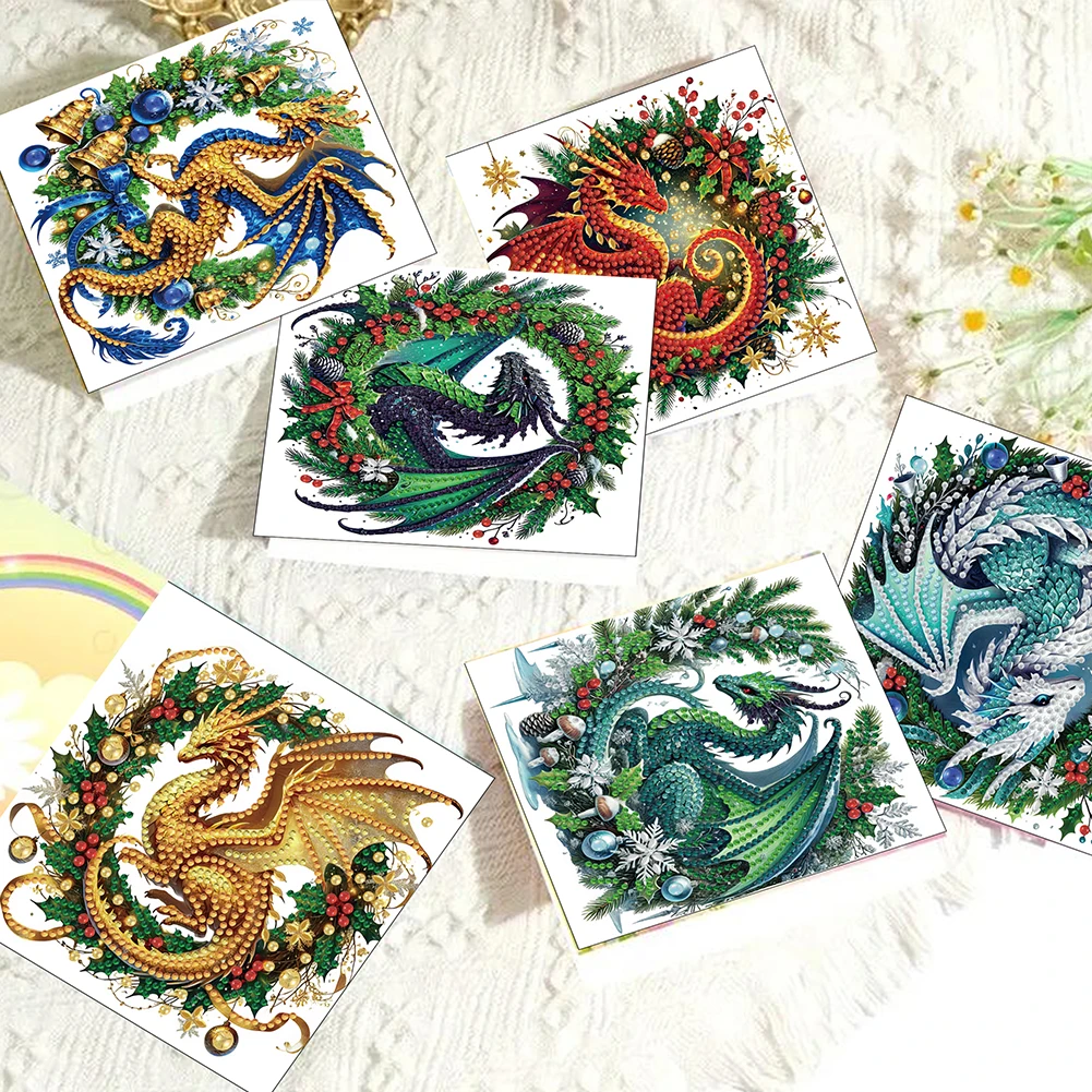 6PCS DIY Diamond Art Greeting Cards Christmas Dragon Congratulations Cards