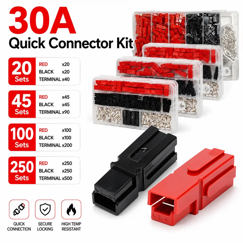 Boxed 40-500pcs 30A Red Black Power Pole Connector Kit 1 Pin Quick Disconnect Battery Plug Housing Terminals for Solar RC UPS