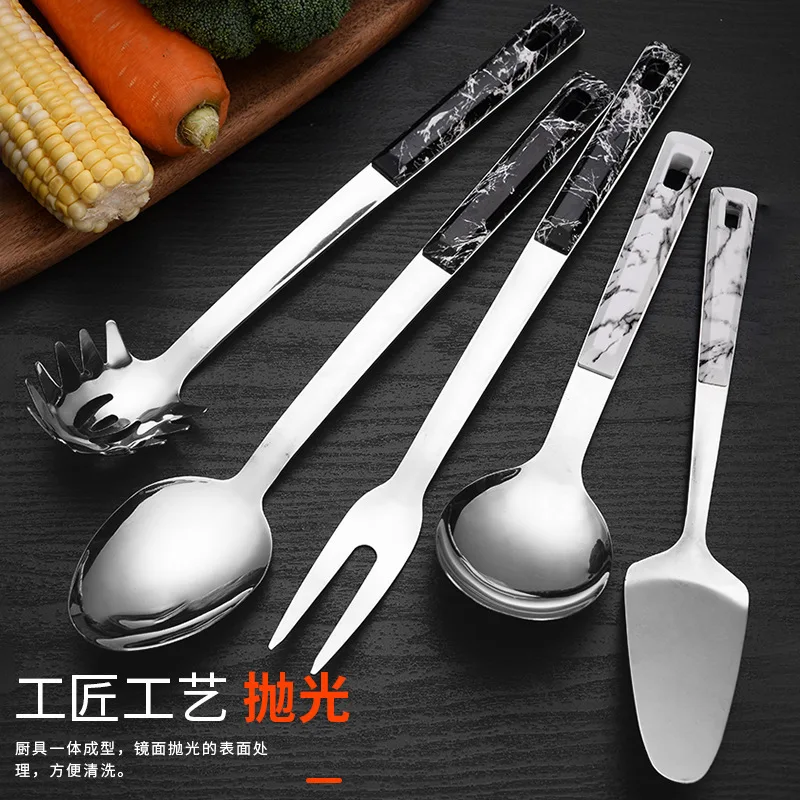 9 Piece Set Household Cooking Shovel Soup Spoon High-value Spatula With Marble Handle Stainless Steel Kitchen Wholesale Supplies