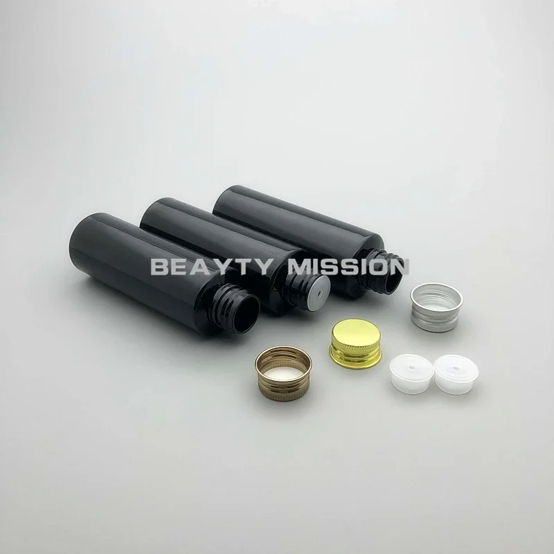 

BEAUTY MISSION 48 pcs/lot 100ml Plastic Travel Empty Black Perfume Bottle Liquid Container Aluminum Cap Silver/Gold/Bronze
