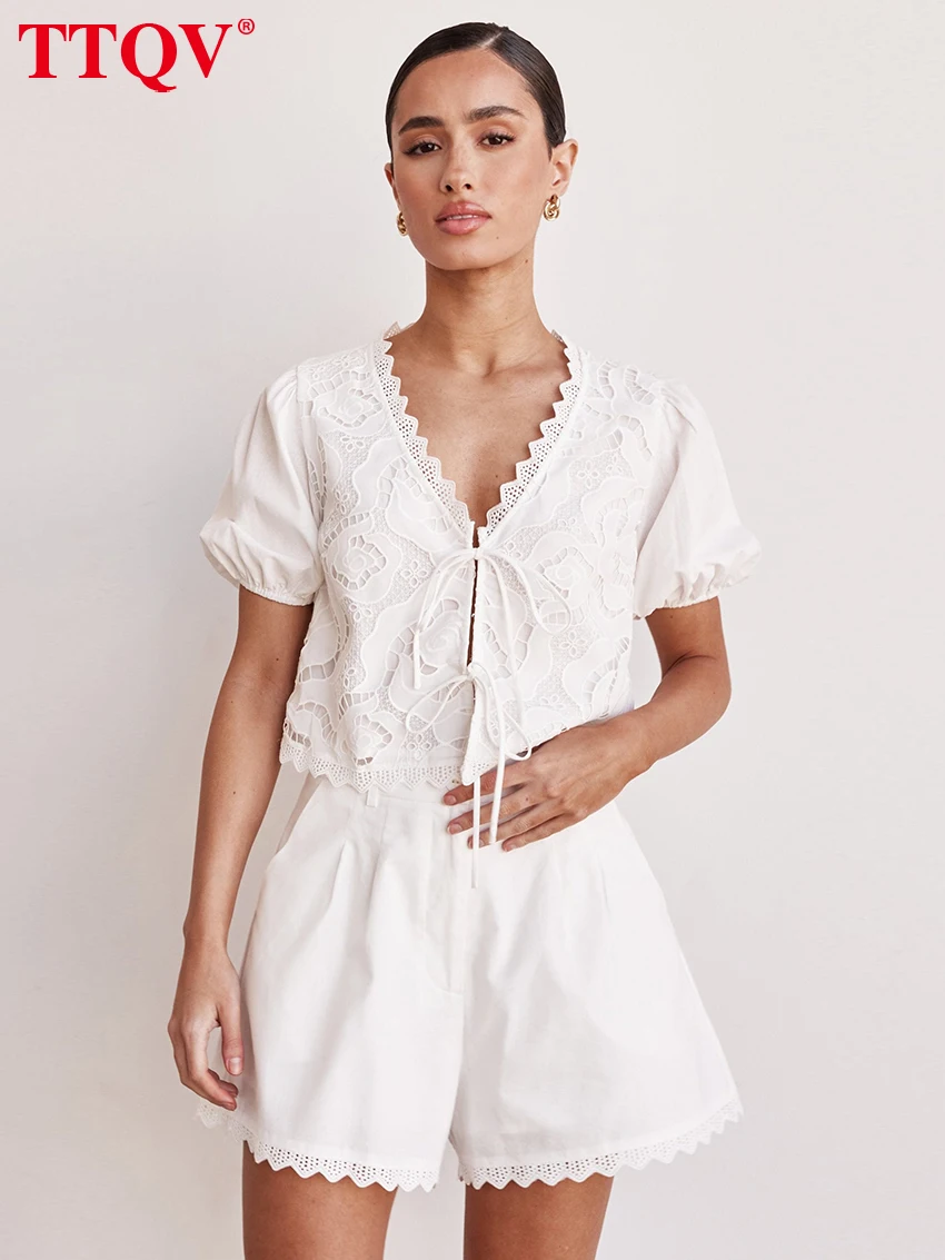 

TTQV Sexy Loose White Cotton 2 Piece Sets Women Outfit 2025 Summer Short Sleeve Shirt With High Waist Shorts Set Streetwear
