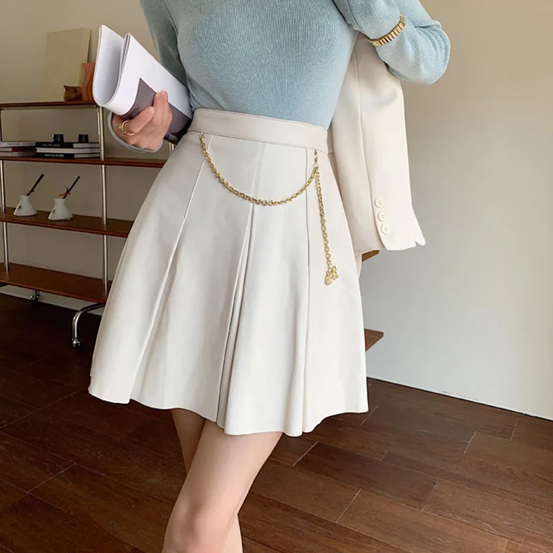 2023 Imported Genuine Leather Pleated Skin Woman Spring New High Waist A-line Solid Slimming Chain decoration Sheepskin Mini Ski