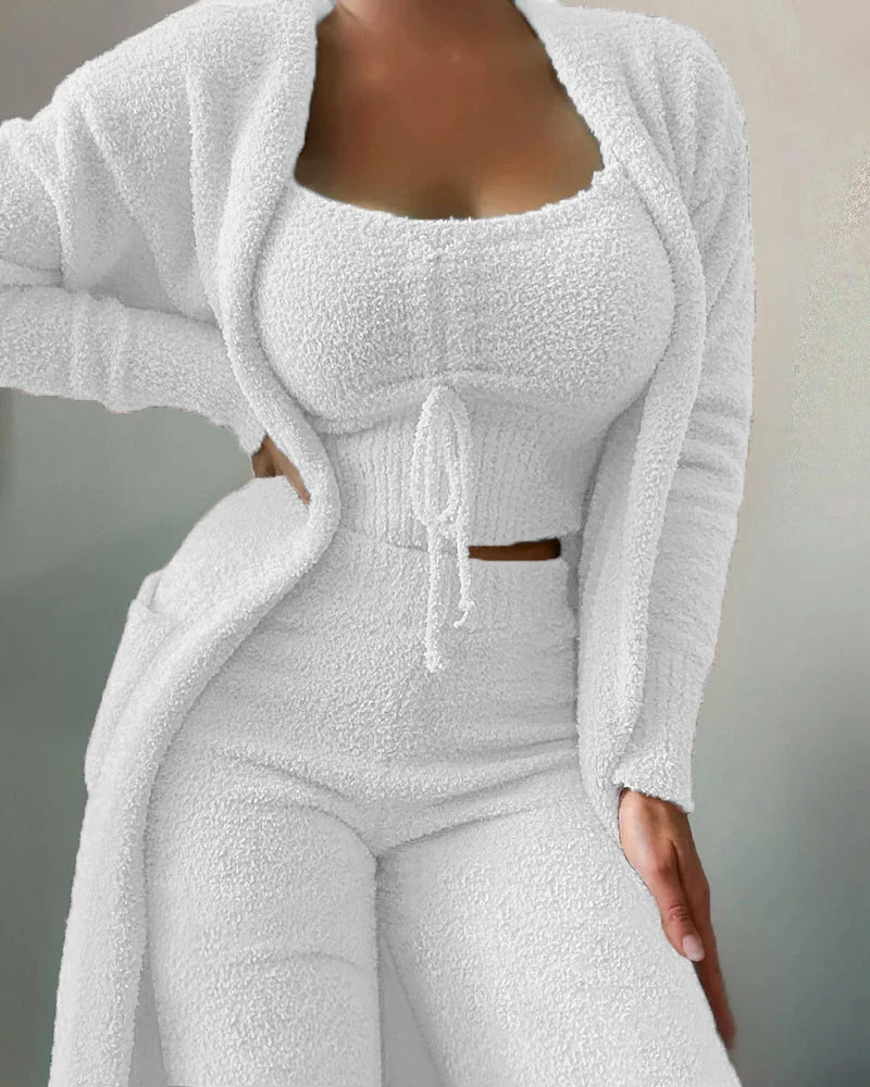 2024 New Spring Women\'s Veet Pamas Set Crop Top+Long Pants+Coat 3 Pieces Home Suit Warm Soft Sleepwear Homewear Pyjamas 3Xl