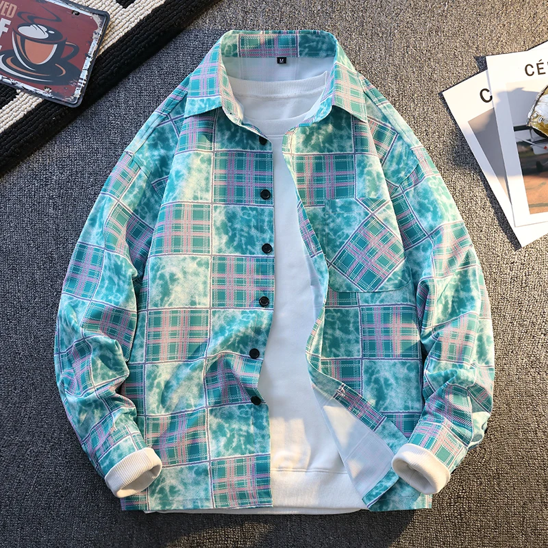 

Men's Plaid Long Sve irt Casual Loose Korean Sle Spring Autumn Faion Brand High-End Feelings Leisure Outerwear