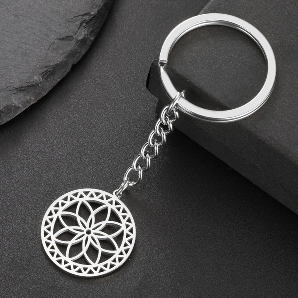 내 모양 만다라 꽃 선조 키체인, 스테인레스 스틸 라운드 참 펜던트 키링, 가방 자동차 장식, 여성 선물 쥬얼리
