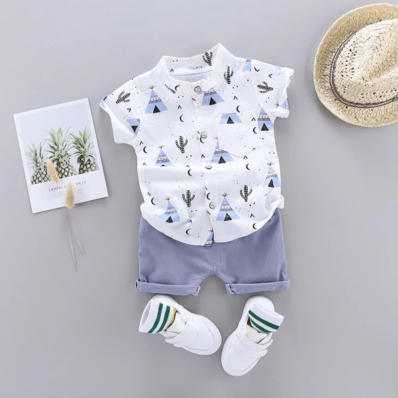 

2Pcs Summer Kids Boys Sets Plant Print Lapel T-shirt Tops+Solid Color Shorts Preschool Toddler Boys Outfits Suit 0-4Y