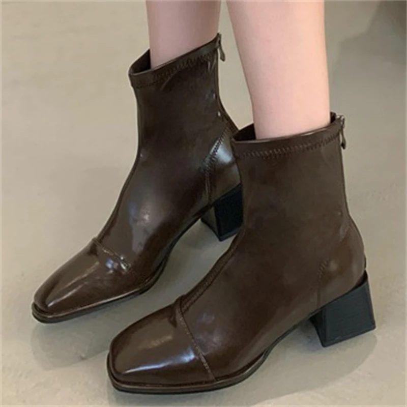 

Eilyken/модные женские ботильоны из искусственной кожи с круглым носком и молнией, вечерние модельные женские туфли высокого качества на квадратном низком каблуке