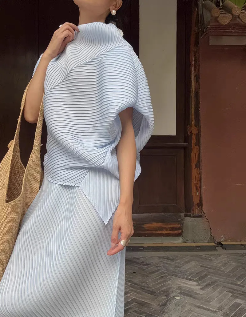 Pleated T-Shirt 2026 Summer New Japane Irregular Cut Pile Collar Top Simple Fashion Lightweight Wrinkle-Free Women Skirt