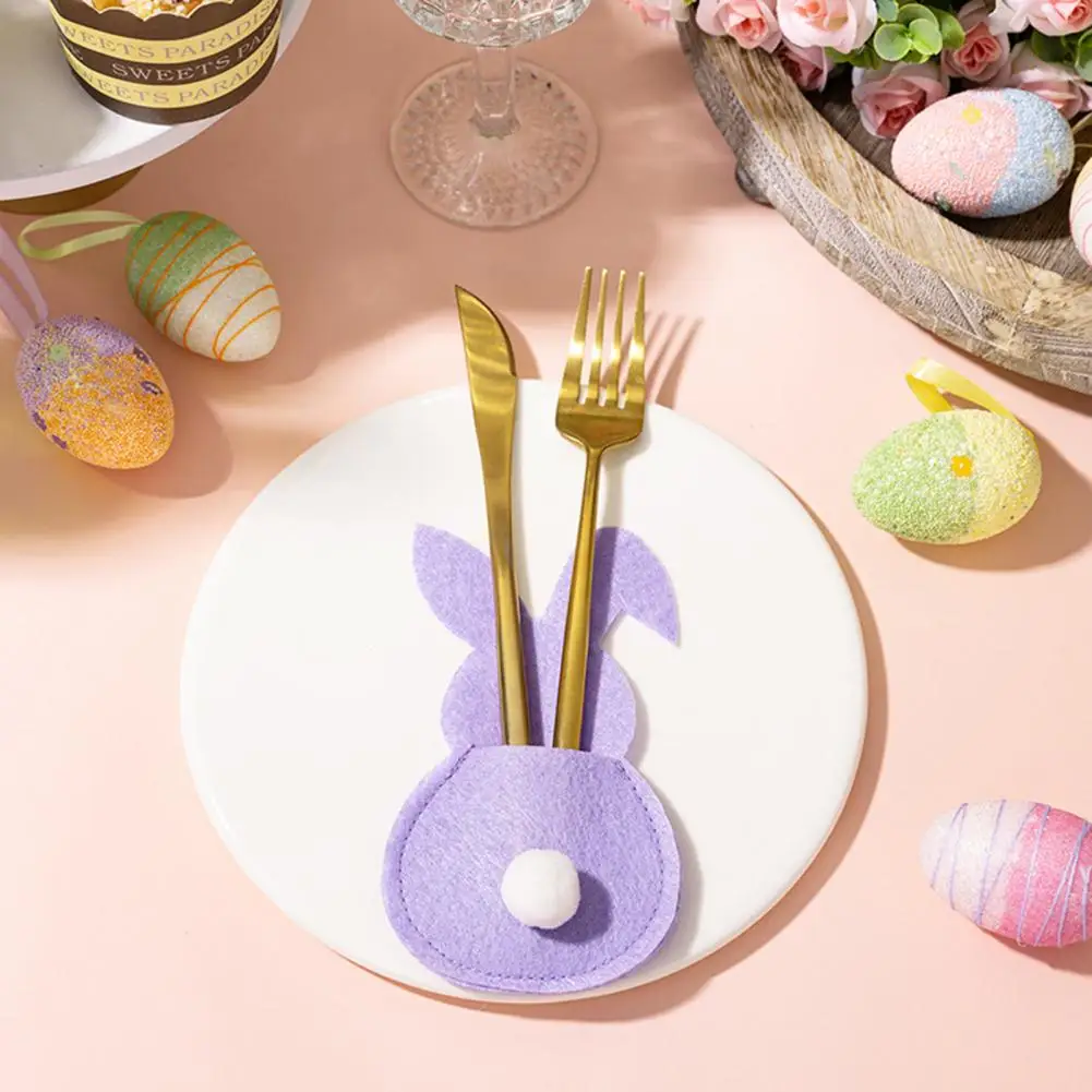 Bunny Tail Felt Set Rabbit Cutter Fork Set Easter Bunny Cutlery Holder Set Plush Tail Decor Rabbit Shape Cover Fork Bag Happy