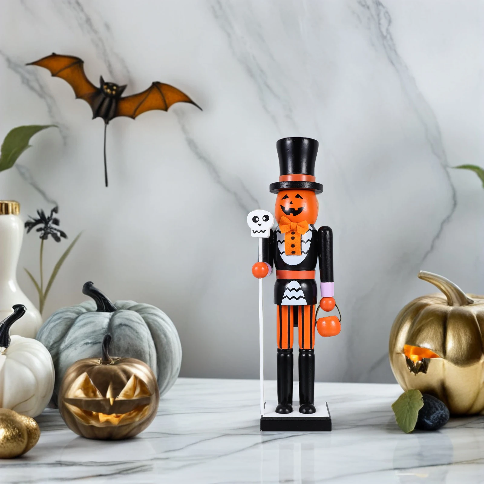 

Wooden Halloween Nutcracker Jack-O-Lantern Decor Spooky Holiday Party Ornament Handpainted Unique Design Indoor Home