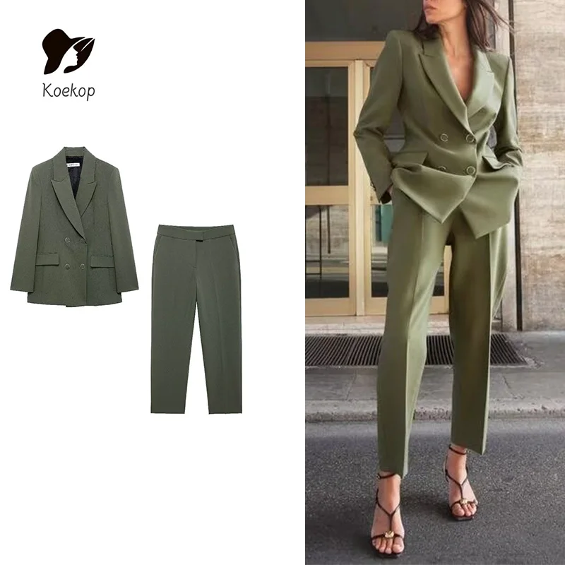 Koekop Ladies Fashion 2 Piece Solid Color Slim Suit Jacket and Vintage Casual Temperament Ladies High Waisted Pants Set